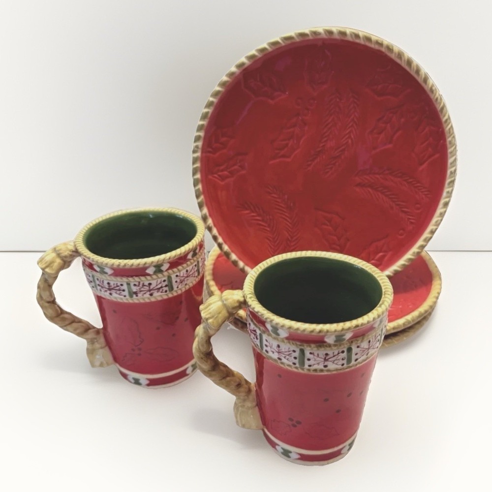 VTG Studio Nova Woodland Holly Mugs Plates Set 2 Cups 3 Dessert Western Red 90s